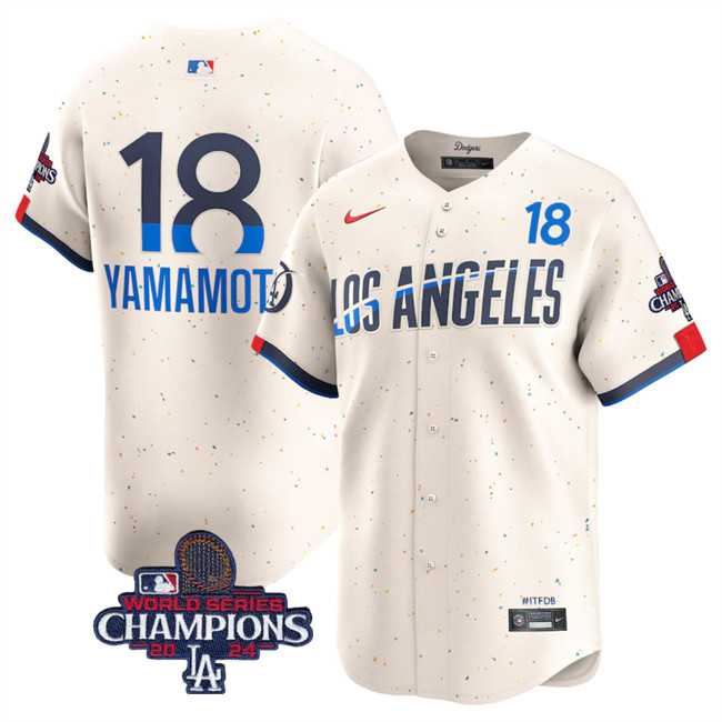 Mens Los Angeles Dodgers #18 Yoshinobu Yamamoto Cream 2024 World Series Champions City Connect Limited Stitched Baseball Jersey